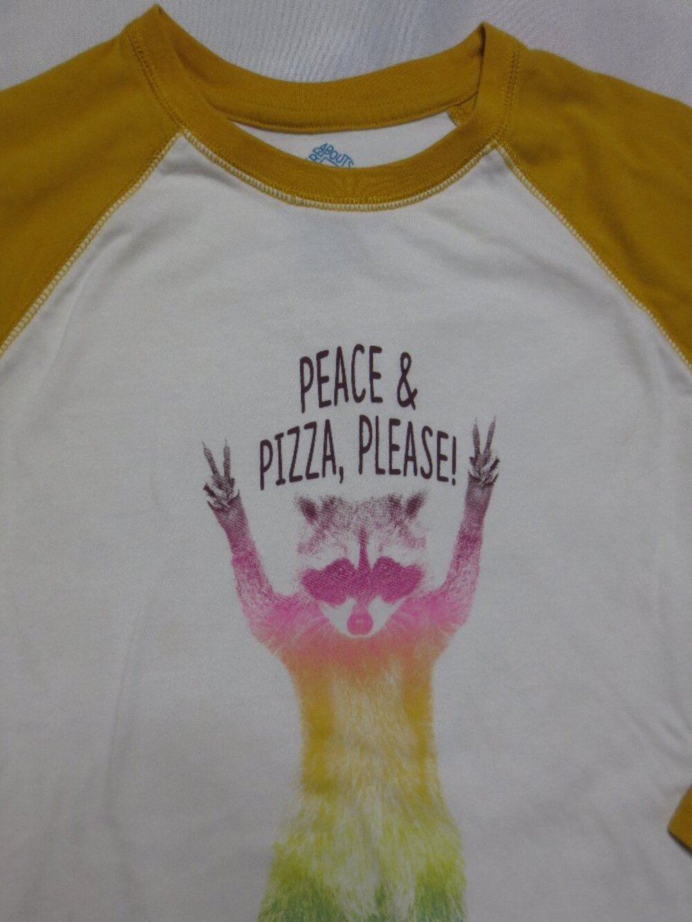 THERE ABOUTS girls T-SHIRT racoon PEACE & PIZZA, PLEASE cream SOFT tee SIZE XL
